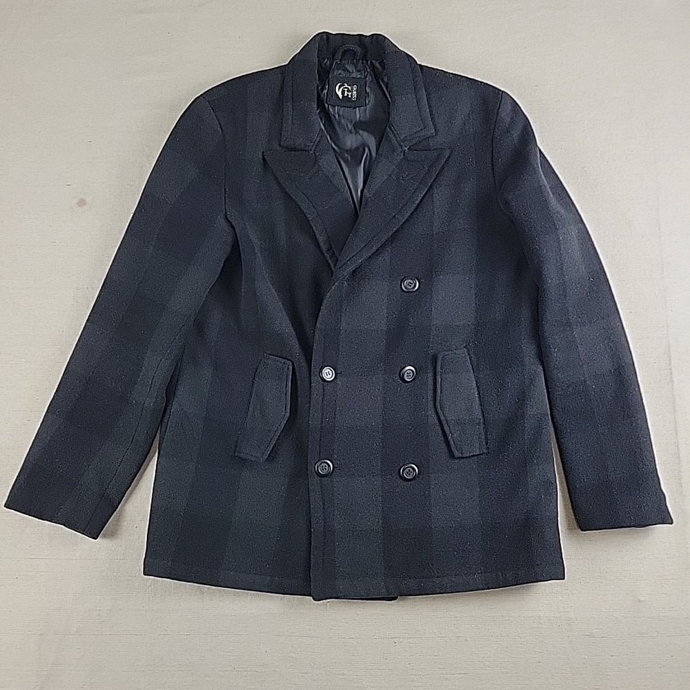 GUESS Men's Wool Blend Peacoat Jacket Black Plaid Size L (See Measurements)